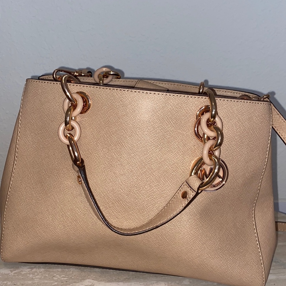 {{New}}Cynthia Medium Saffiano Beige Leather Satchel